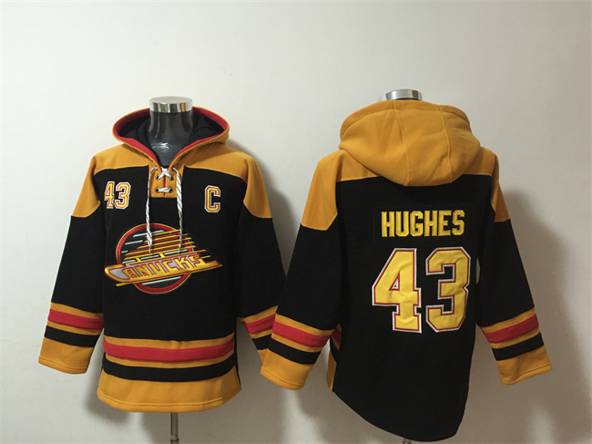 Men's Vancouver Canucks #43 Quinn Hughes Black Ageless Must-Have Lace-Up Pullover Hoodie